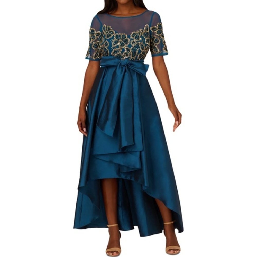 Adrianna Papell Teal High-Low A-Line Dress with Gold Embellished Bodice